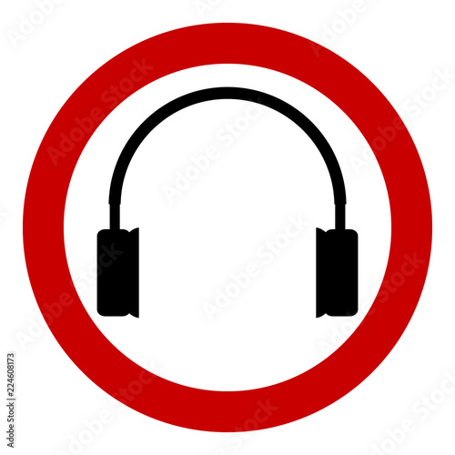 Prohibition sign headphones on white.