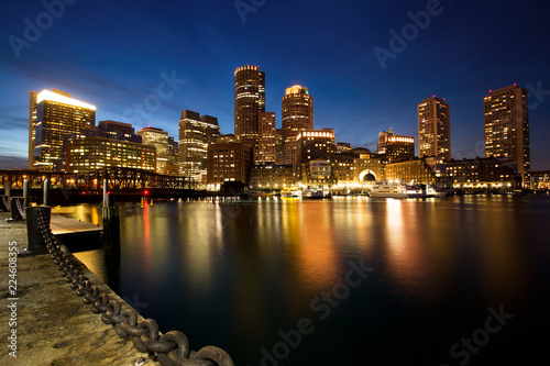 Boston Skyline with Financial District and Boston Harbor at Dusk photo