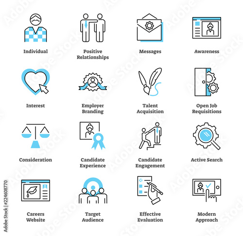 Recruitment marketing icon collection vector set. Hiring talent strategy.