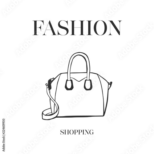 Woman bag hand drawn, female stylish vector fashion illustration black on white line. Fashion shopping logo design Ink hand drawn picture sketch style. For logo, invitation, greeting card, poster