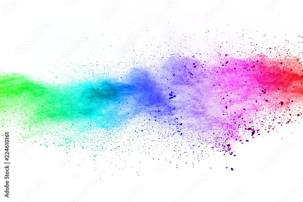 abstract powder splatted background. Colorful powder explosion on white background. Colored cloud. Colorful dust explode. Paint Holi.