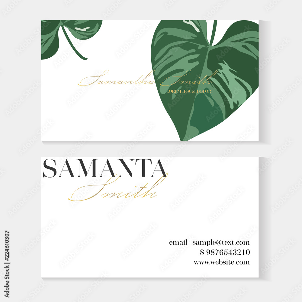 Business cards gold and colorful design, tropical leaf. Creative business card template with artistic vector design. Nature green background with hand drawn leaves.