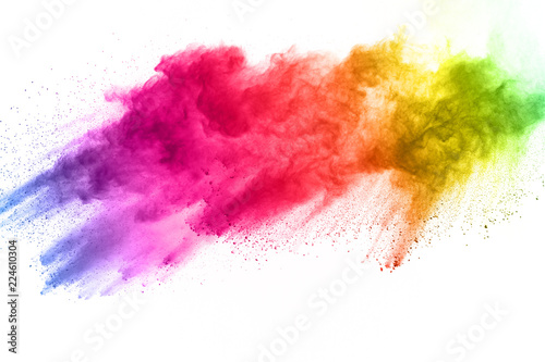 abstract powder splatted background. Colorful powder explosion on white background. Colored cloud. Colorful dust explode. Paint Holi.