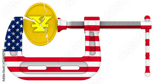 USA sanctions pressure on the Chinese economy. Concept. Gold coin with the symbol of the Chinese yuan is clamped in the clamp (Clamp in colors of US flag). Financial concept. Isolated. 3D Illustration photo