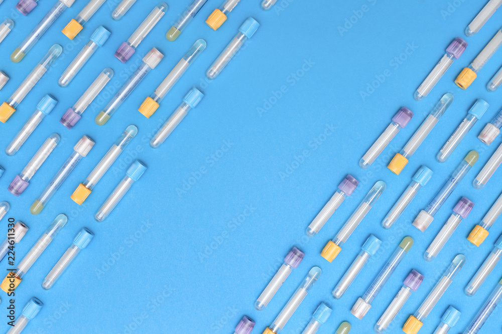 medicine test tubes blood for blue background 3d illustration. Flat lay, top view, pattern. Hematology blood analysis report with colorful sample collection tubes with space for text medicine test tubes blood for blue background 3d illustration. Flat lay, top view, pattern. Hematology blood analysis report with colorful sample collection tubes with space for text