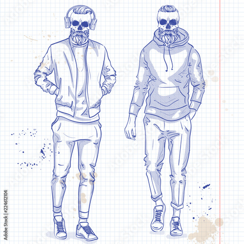 Vector set of two men with skull, beard