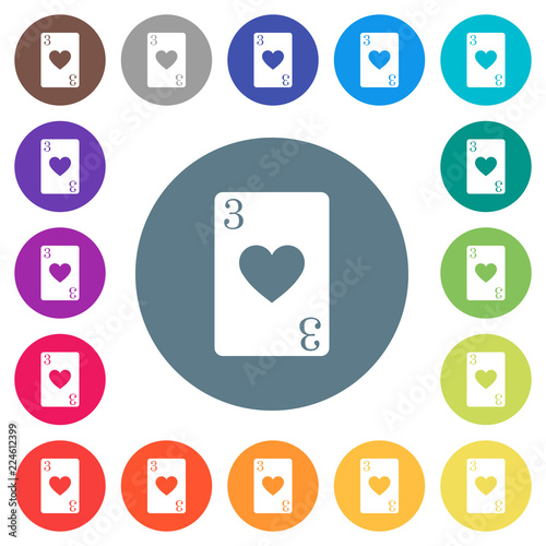 Three of hearts card flat white icons on round color backgrounds