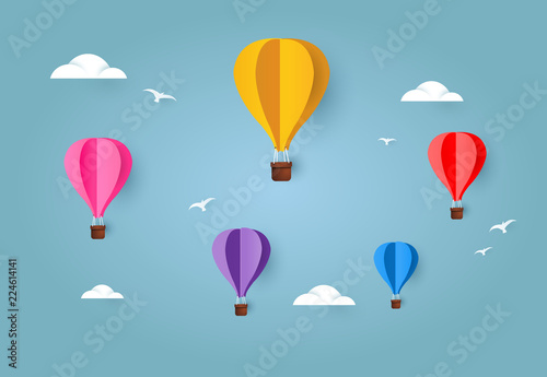 Colorful Air Balloons and Cloud on sky. paper art