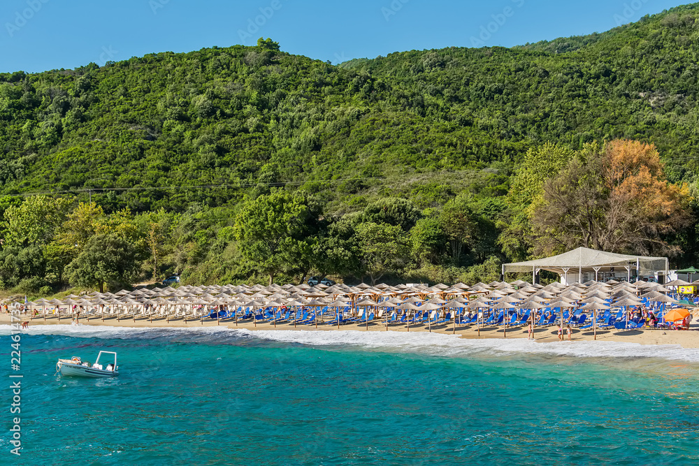 Fototapeta premium Olympiada, Greece - August 11, 2018: Proti Ammoudia beach, one of the most beautiful beaches in the Aegean Sea.