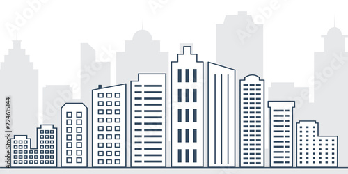 thin line cityscape. Urban landscape with business buildings. Vector illustration of modern city buildings. Thin line design elements of city scape.