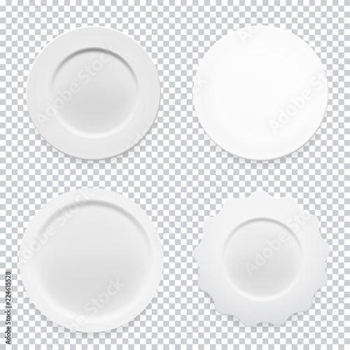 Empty white round plate collection set on transparent background for your design. Vector Illustration