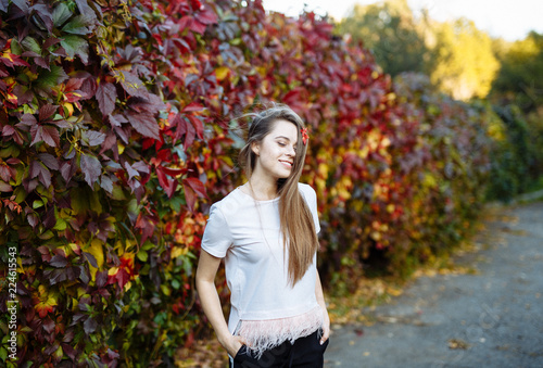 Bright autumn portrait. A young attractive brunette in a stylish raincoat walks in the Park in the autumn. She expressively looks at the camera on the background of colorful red foliage and vine.