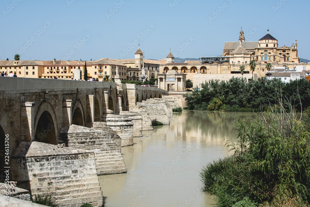 Panoramic view of Mosque-Cathedral and Roman Bridge of Córdoba, Andalusia, Spain