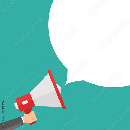 Businessman holding megaphone in hand. Advertising template with picture of sound speaker. Megaphone and loudspeaker promotion or communication. Vector illustration