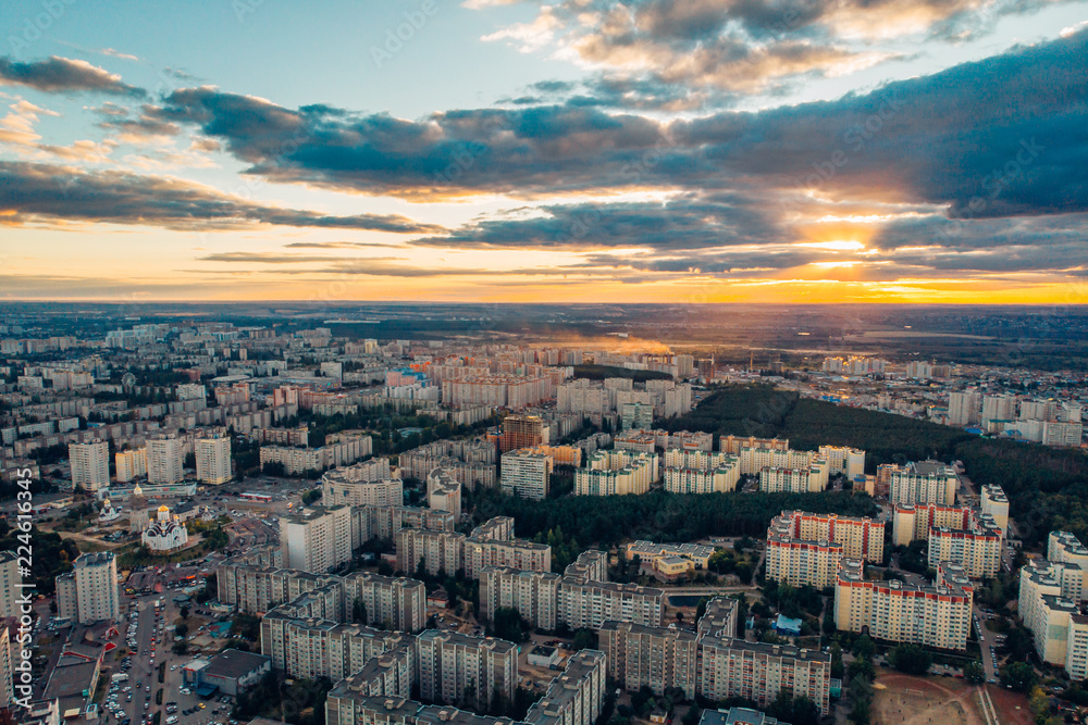 Aerial view panorama of Voronezh city, Russia from above at sunset