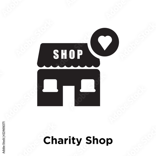 charity shop icon vector isolated on white background, logo concept of charity shop sign on transparent background, black filled symbol icon
