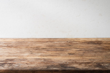Blank wood table desk old vintage grunge design shelf perspective.