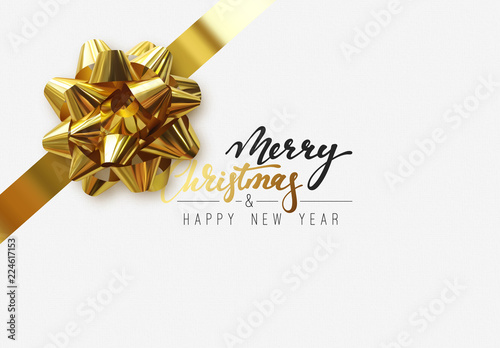 Merry Christmas Holiday background. Handwritten text, realistic textured pattern, pull ribbon golden bow.