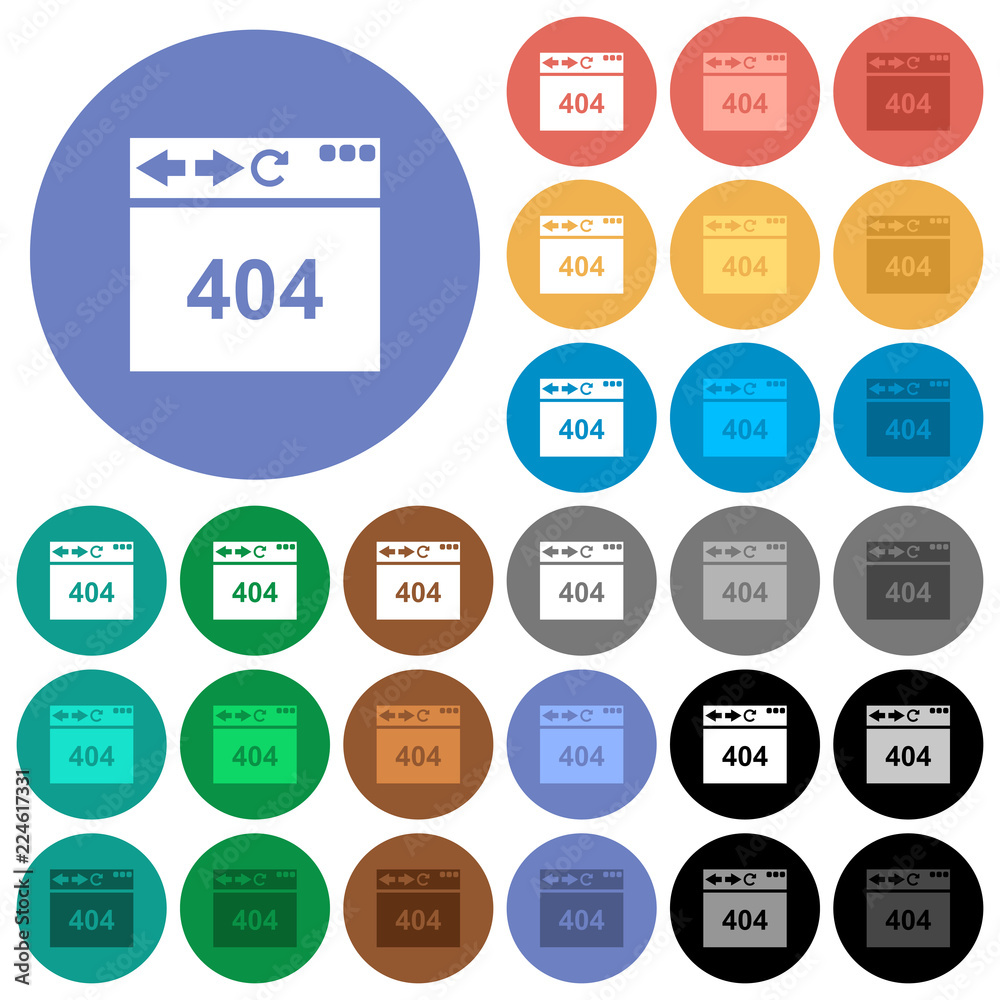 Browser 404 page not found round flat multi colored icons