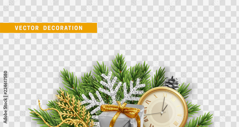 Christmas design. Composition with Xmas decorations. Christmas tree branches with pine cones, colorful realistic gift boxes and retro clock. Vector isolated on transparent background. - obrazy, fototapety, plakaty 