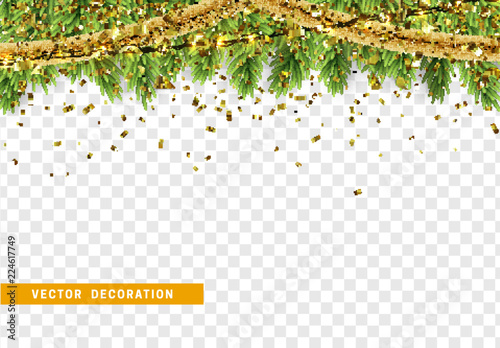 Christmas border with fir branches, string lights garland and gold tinsel. Xmas holiday vector illustration. Isolated on transparent background.