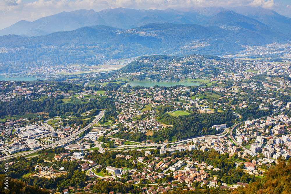 View to Lugano from San Salvatore mountain in Lugano, Switzerland