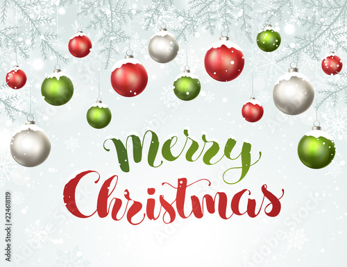 Happy holidays greeting card. Colorful and bright Merry Christmas balls with snowflakes on blue background.  Modern calligraphy with Christmas balls horisontal composition.
