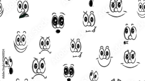 Texture seamless pattern of various black and white emotions: joy, smile, anger, delight, discontent, playfulness, fun, surprise, pleasure. A set of people with children's emotions. Vector
