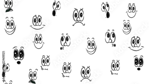 Texture seamless pattern of various black and white emotions: joy, smile, anger, delight, discontent, playfulness, fun, surprise, pleasure. A set of people with children's emotions. Vector