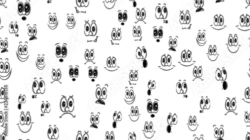 Texture seamless pattern of various black and white emotions: joy, smile, anger, delight, discontent, playfulness, fun, surprise, pleasure. A set of people with children's emotions. Vector
