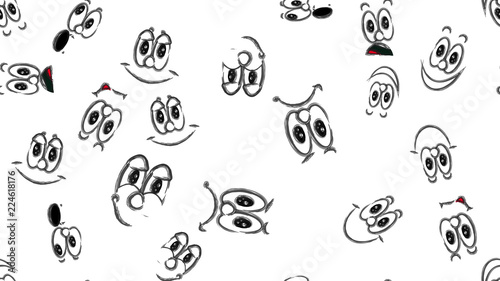 Texture seamless pattern of various black and white emotions: joy, smile, anger, delight, discontent, playfulness, fun, surprise, pleasure. A set of people with children's emotions. Vector
