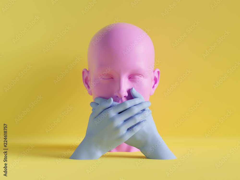 Fototapeta premium 3d render, speechless female mannequin head, mouth closed by hands, silence concept, isolated object, minimal fashion background, shop display, pink blue yellow pastel colors