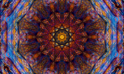 Elegant star-shaped mandala Art with a beautiful kaleidoscopic pattern and many small colorful details.
