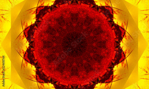 Red and Yellow mandala Art with a lot of small details and shapes.