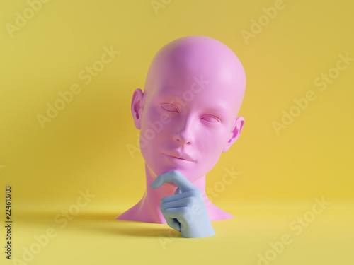 3d render, female mannequin head, hand, fashion concept, isolated object, minimal yellow background, shop display, pink blue body parts, pastel colors photo