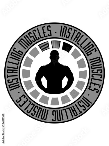 muskeln cool kreis rund installing muscles please wait ladebalken installiere fitness training bodybuilder stark sexy wachsen bitte warten loading laden trainieren sport kraft logo design clipart photo