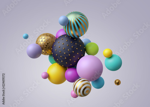 Fototapeta Naklejka Na Ścianę i Meble -  3d render, abstract pastel balls, pink blue balloons, geometric background, multicolored primitive shapes, minimalistic design, pastel colors palette, party decoration, plastic toys, isolated elements