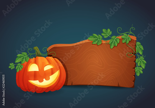 Wooden signboard with happy grinning halloween pumpkin illuminated from the inside with green vines and leaves. Vector sign, banner, icon design template.