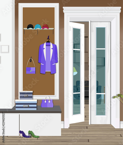 Illustration of an interior of a dressing room with clothes and an entrance door.