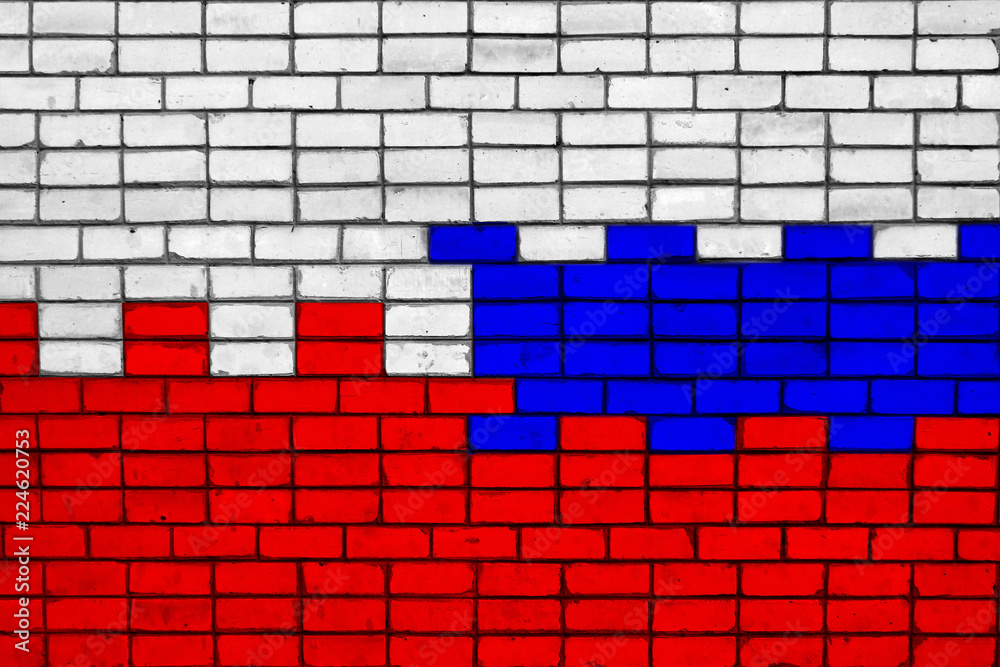 Colors of national flags of Poland and Russia on rough stone wall texture Colors of national flags of Poland and Russia on rough stone wall texture