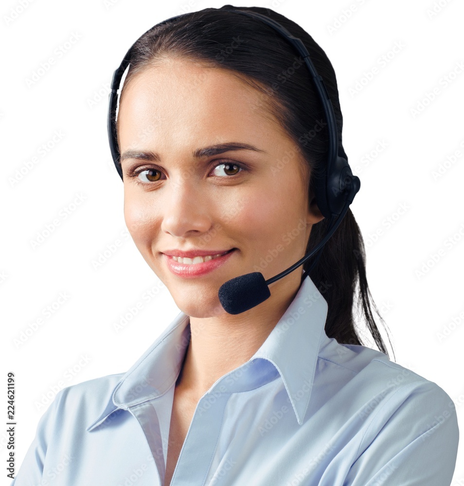 Close-up portrait of young businesswoman with headphones Close-up portrait of young businesswoman with headphones