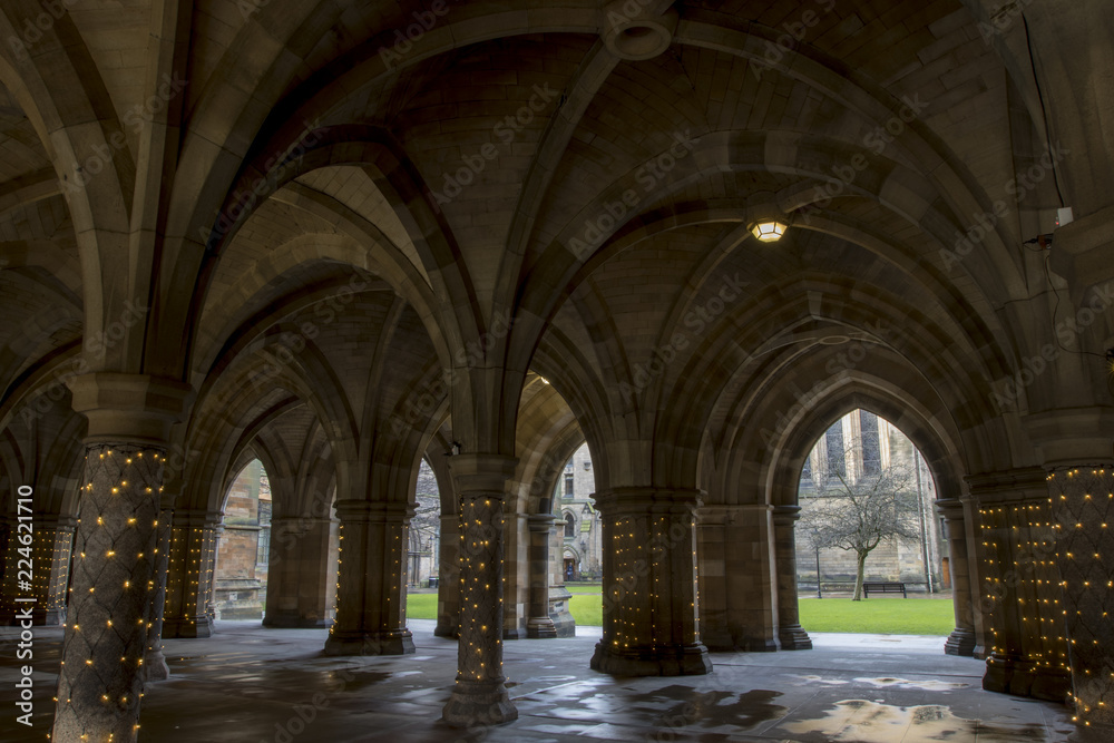 The Cloisters at Glasgow University with light decorations