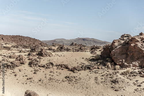 Special view of the desert landscape in the famous Teide national park on the island of Tenerife with many rocks, Spain, on a sunny day