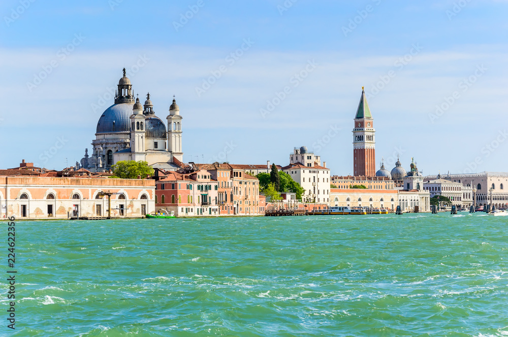 Venice, Italy: domes of famous churches and St Mark's Campanile seen from Venetian Lagoon