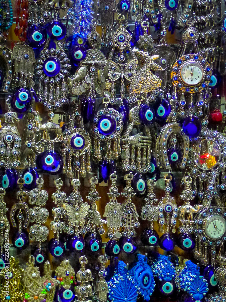 Close up of a stall selling silver jewelry featuring the Evil Eye motif in  the Istanbul bazaar in Turkey Stock Photo | Adobe Stock