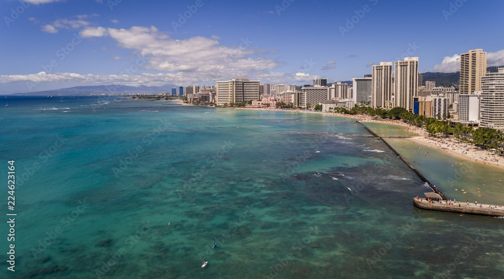 Arial view of the Waikiki skyline and beach