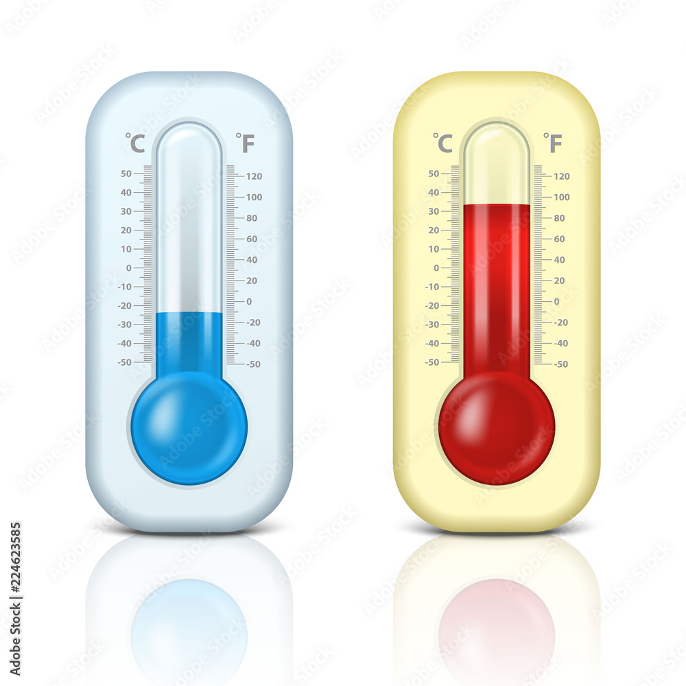 Two vector realistic 3d celsius and fahrenheit meteorology, weather thermometer sign icon set closeup isolated on white background. Clip art, design template for graphics. Thermometers with different Two vector realistic 3d celsius and fahrenheit meteorology, weather thermometer sign icon set closeup isolated on white background. Clip art, design template for graphics. Thermometers with different