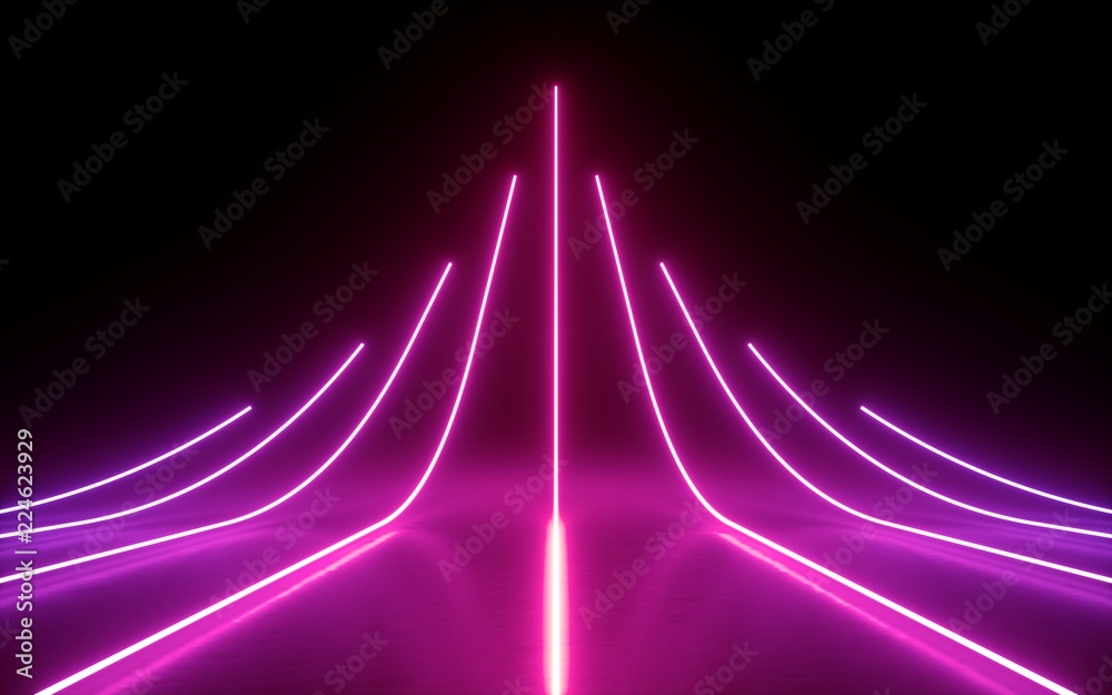3d render, abstract minimal background, glowing lines, arrow, chart, pink neon lights, virtual reality, laser show - obrazy, fototapety, plakaty 
