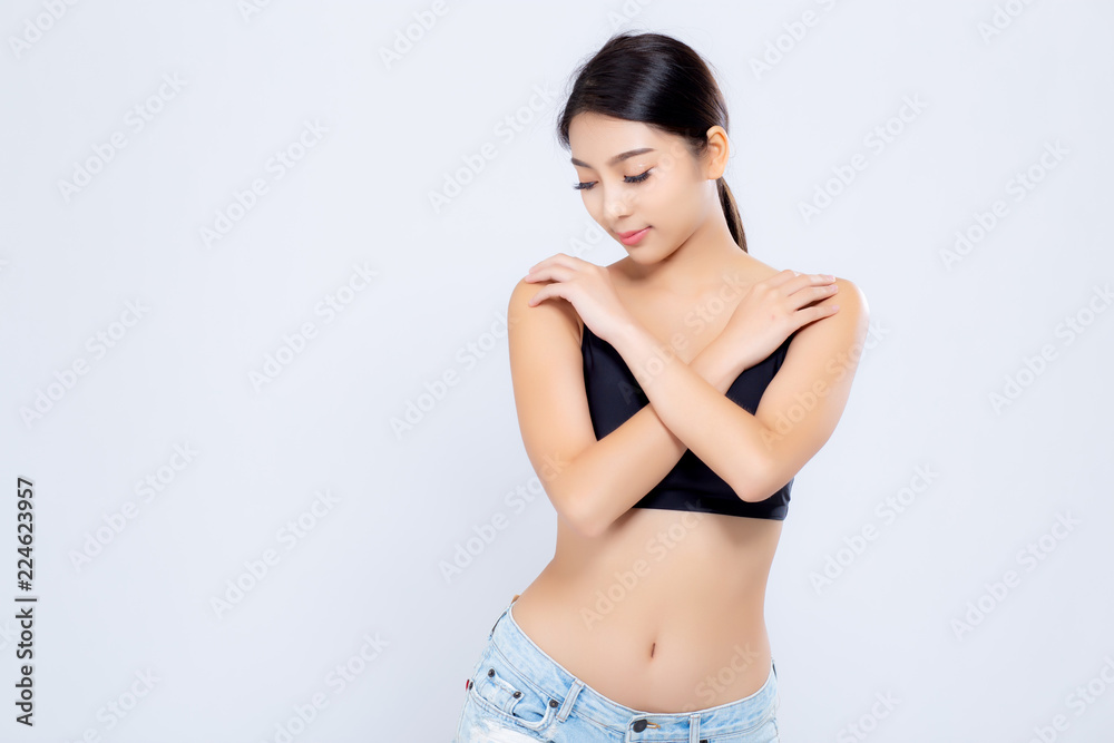 Fototapeta premium Portrait young asian woman smiling beautiful body diet with fit isolated on white background, model girl weight slim with cellulite or calories, health and wellness concept.