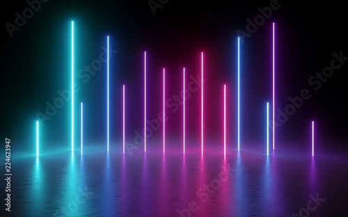 3d render, glowing vertical lines, neon lights, abstract illuminated background, ultraviolet, spectrum vibrant colors, laser show